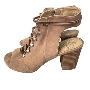 Vince Camuto Blumah Sandals Women’s 7.5 M Suede Laced Stacked Heel Blush